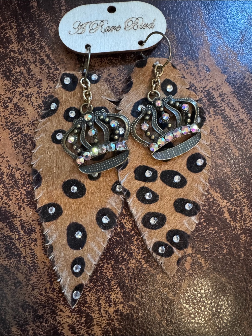 A Rare Bird Leopard Print Feather Earrings with Crown Charms - Brown